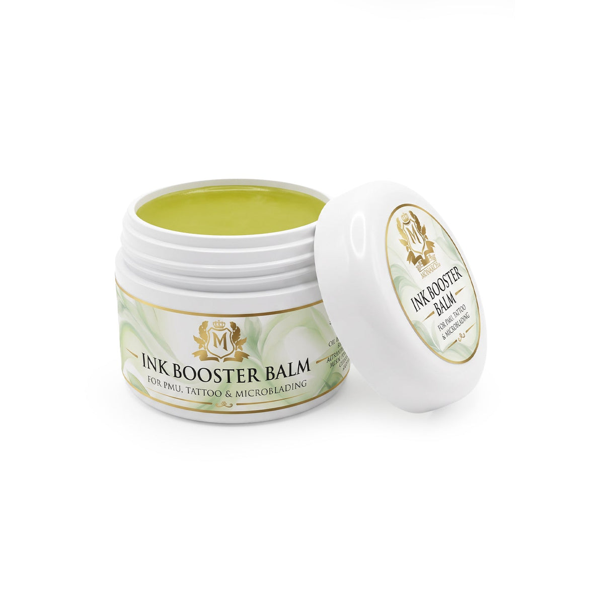 Skin Monarch Pigment Booster Formula 30ml open jar with yellow nourishing PMU balm